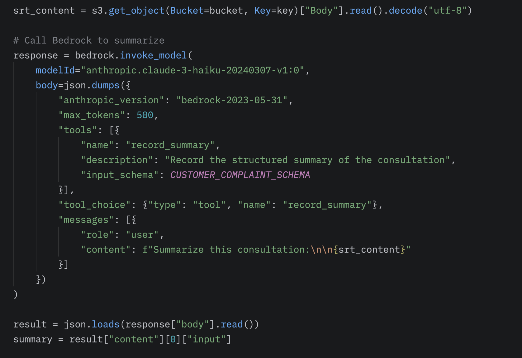 Defining a structured JSON schema in Bedrock-Lambda to achieve structured output