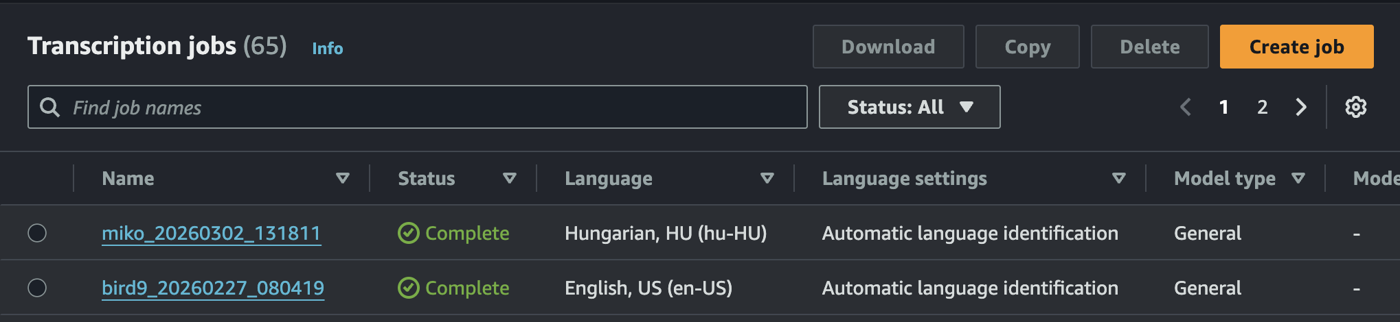 Transcribe in AWS Console